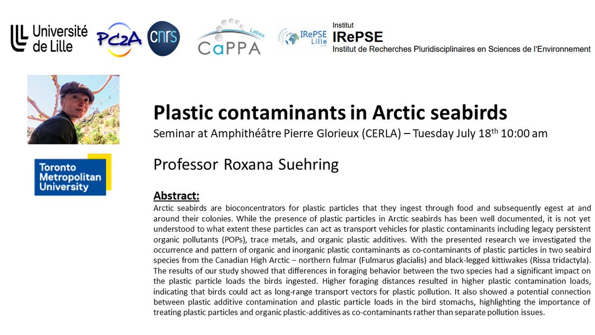 📢Seminar @roxilana1 @TorontoMet #atmoschem #contaminants #plastic #environment Tuesday July 18th 10am at CERLA @PC2A_umr8522 @CNRS_HdF @RechercheUlille @inter_univlille @labexcappa strengthening 🇫🇷🇨🇦 collaboration poke @CIC_ChemInst @franceaucanada @ConsulatFRAVan