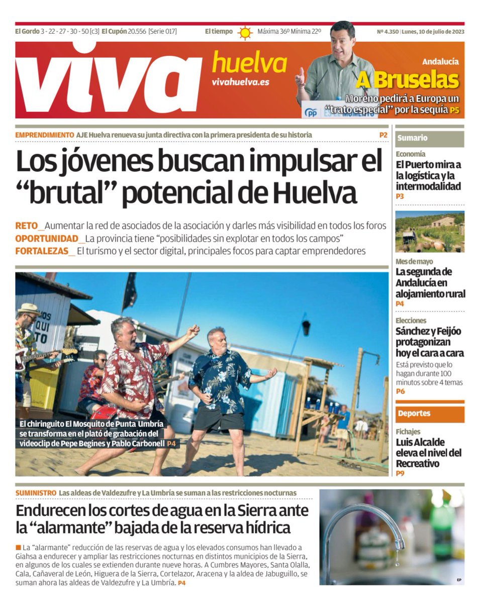 #EnPortada La nueva junta directiva de <a href="/AjeHuelva/">AJE Huelva</a> llega pisando fuerte. Además, las restricciones de agua en la Sierra y el domingo más divertido en el chiringuito <a href="/Mosquito_Club/">Mosquito Club</a>.
Descárgate el PDF completo en vivahuelva.es