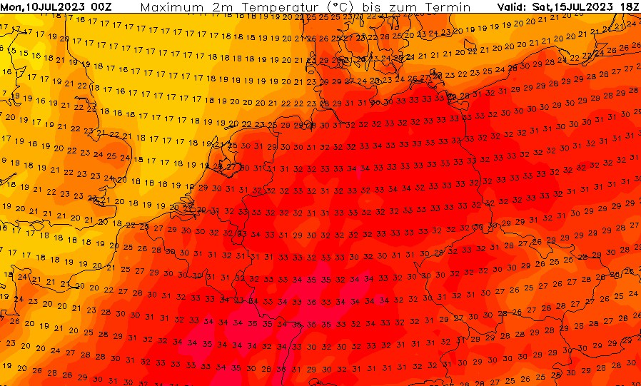 Continuering hittegolf Zuid-NL zoals sedert ruim een week bekend hier. Dinsdag tropisch en ook zaterdag waarschijnlijk gewoon tropisch. Zie kaart.
Zag die jongen van Munneke (die altijd zo z'n best doet bij de NOS) toch duidelijk een koele week aankondigen vlak voor het weekend..