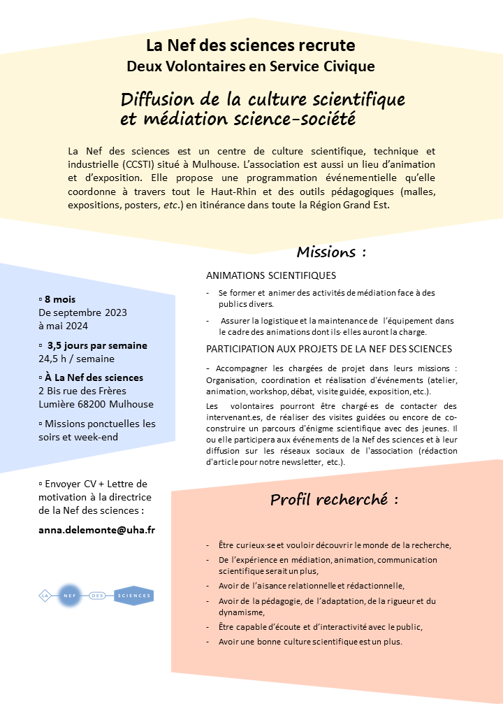 La Nef recrute !  🚩🔔

Vous souhaitez intégrer une équipe bienveillante et dynamique ? ☀️

L'association souhaite former deux volontaires en service civique pour assurer une mission de "diffusion de la culture scientifique et médiation science-société" 🧪

#ServiceCivique