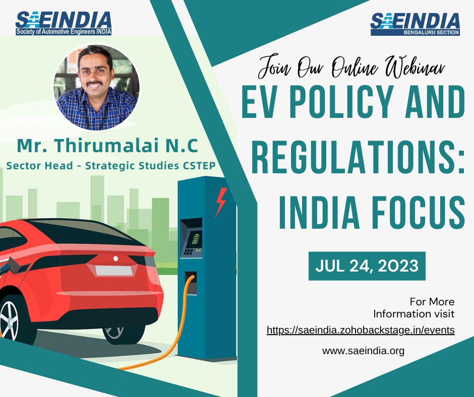 SaeindiaB's tweet photo. Register - https://t.co/R0GfvL4vsI
PDP Online Webinar - EV Policy and Regulations: India Focus
Date - 24th July, 2023
Time - 6:00 pm to 8:00 pm
Speakers - Mr. Thirumalai N.C

#EV #regulations #indiafocus #evpolicy #webinar https://t.co/zOOxMbWxf0