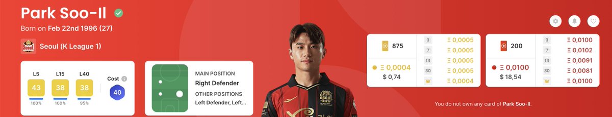 CappedModepicks's tweet image. The first pick for GW 388 is Soo-Il. Soo-Il plays for Seoul FC who plays for FC Seoul who will play against Suwon FC this GW who are in 10th place. FC Seoul is in 3rd place. Soo-Il has a Capped Mode cost of 40. #Sorare #CappedMode.