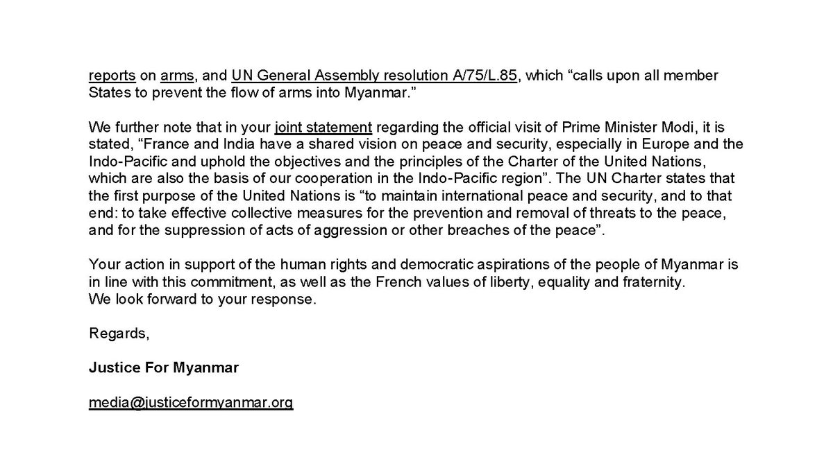 📣 Open Letter to <a href="/EmmanuelMacron/">Emmanuel Macron</a> seeking French support to stop Indian arms sales to Myanmar junta.

France shld raise concerns r.e. Indian arms sales to junta during <a href="/narendramodi/">Narendra Modi</a>'s state visit to France &amp; set conditions on French arms sales to India. 📬 bit.ly/44t7q3w