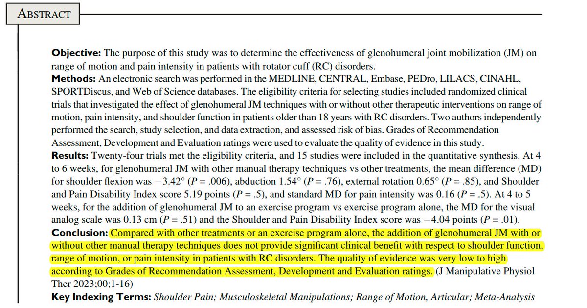 PhysioMeScience's tweet photo. Effectiveness of Glenohumeral Joint  Mobilization on Range of Motion and Pain in Patients With Rotator Cuff  Disorders: A Systematic Review and Meta-Analysis

👇👇👇

https://t.co/rm4mTxYErt https://t.co/jZKT4EAo8O