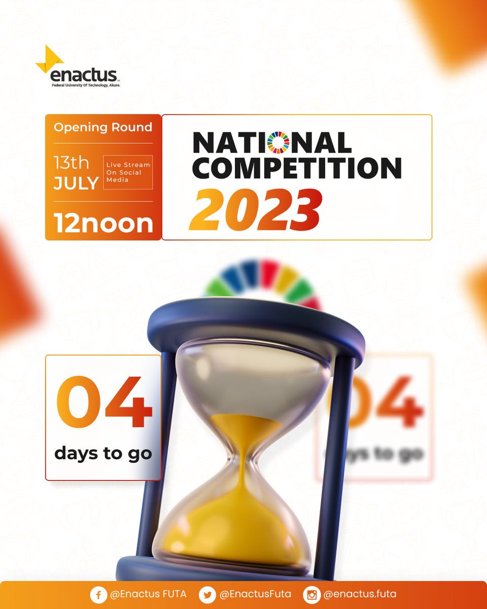EnactusFuta's tweet image. 🌟 National Competition Countdown: Embrace the Journey! 🌟

This countdown is a reminder that we've come this far and we are capable of even greater achievements 💪🏼.

 Feel the thrill of the countdown, it's time to win 💡💫

#EnactusFUTA #NationalCompetition #EnactusNigeriaNC23