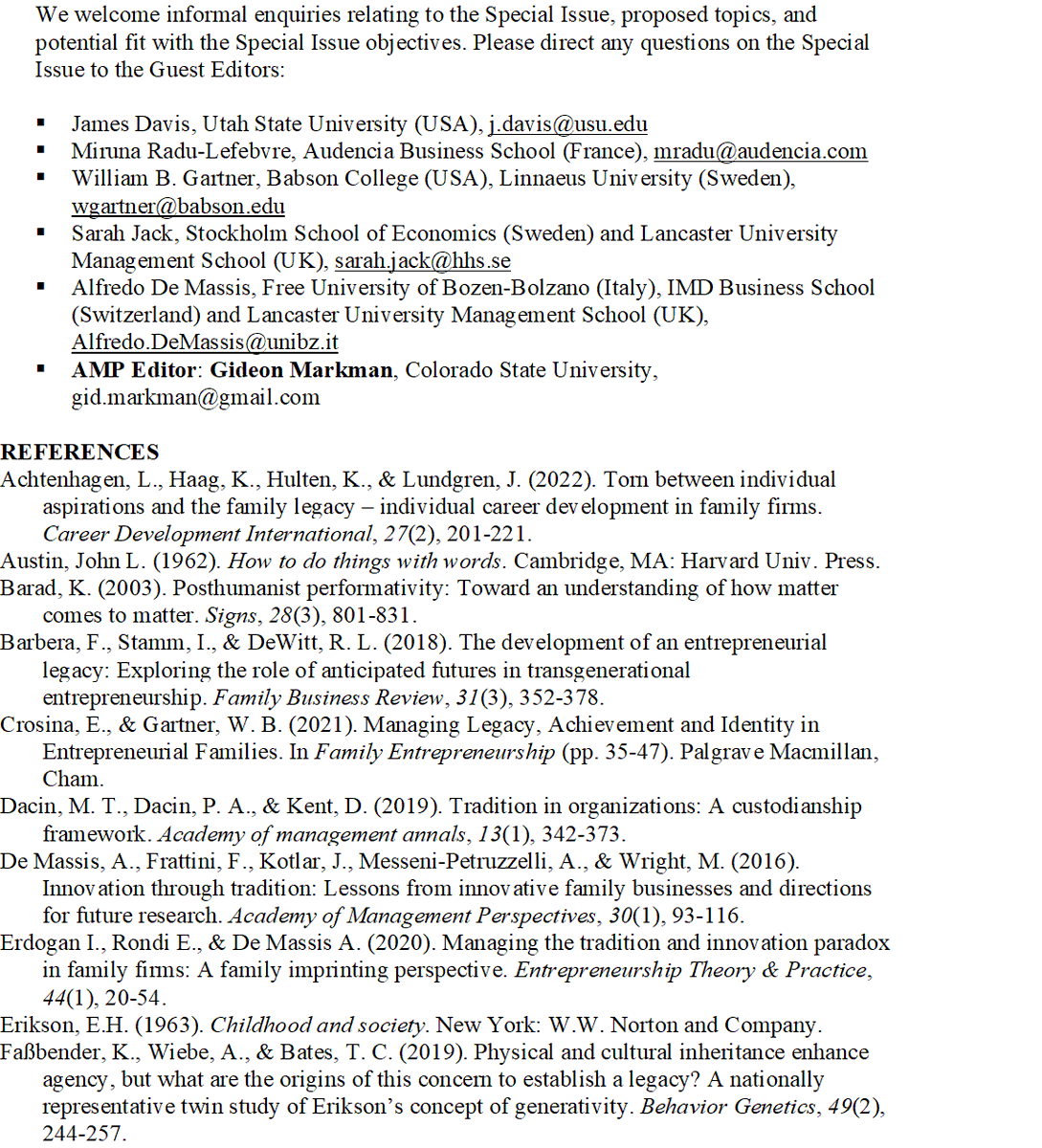 🔊CALL FOR PAPERS @AOMConnect - AMP 'ECHOES OF THE PAST: CAPTURING THE INFLUENCE OF LEGACY ON INDIVIDUALS, FAMILIES AND ORGANIZATION' 🥁 30 August 2023; Guest Editors: #JimDAVIS, @RaduLefebvre, @wbgartner, #SarahJACK, @AlfredoDeMassis & #GideonMARKMAN