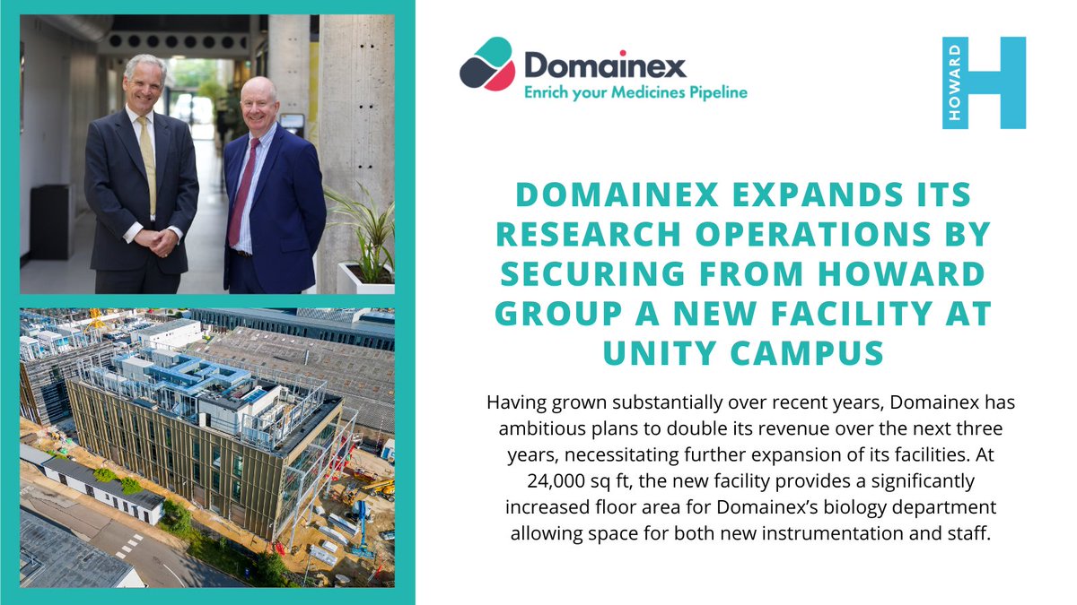 Domainex is delighted to announce its secured a lease from property investor and developer <a href="/HowardGroupUK/">Howard Group</a> on Building A2 at <a href="/UnityCampusCam/">Unity Campus</a>. At &gt;24,000 sq ft, Building A2 will provide a significantly increased floor area for Domainex’s biology department. 
domainex.co.uk/news/domainex-…