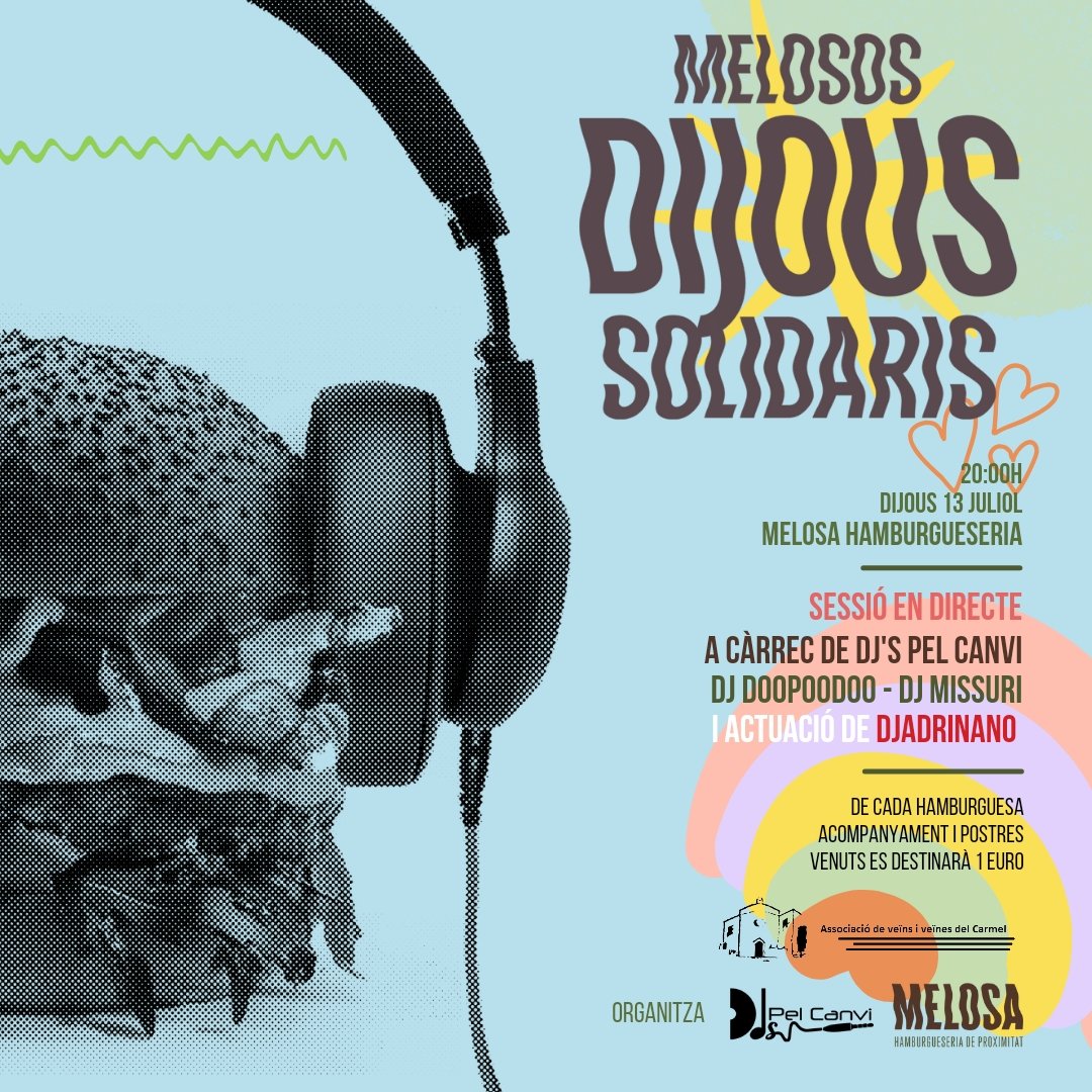 Dijous 13 tanquem temporada dels "Dijous Melosos Solidaris". Com s'ha vist durant tot l'any, han sigut uns dijous fantàstics, amb molt bona música, bona teca i molta afluència de públic. Col·laboració amb el projecte de l'AAVV del Carmel per recuperar la pl. Pastrana pels infants