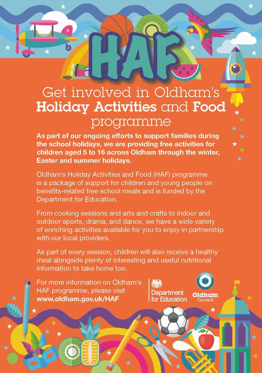 Looking for activities to do over the summer holidays, check out @oldhamcouncil HAF programme.  On offer include cooking sessions and arts and crafts to indoor and
outdoor sports, drama, and dance as well as a healthy meal.

For more information check out
oldham.gov.uk/HAF