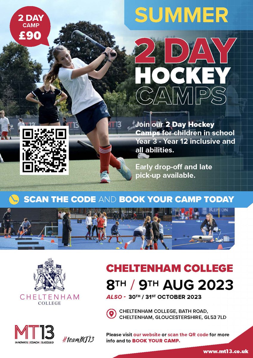 Calling all hockey lovers! 🏑 MT13 are holding 2 day hockey camps for children Year 3 - Year 12 (all abilities welcome) at Cheltenham College. See details below and scan the code to book your camp today. #teamMT13