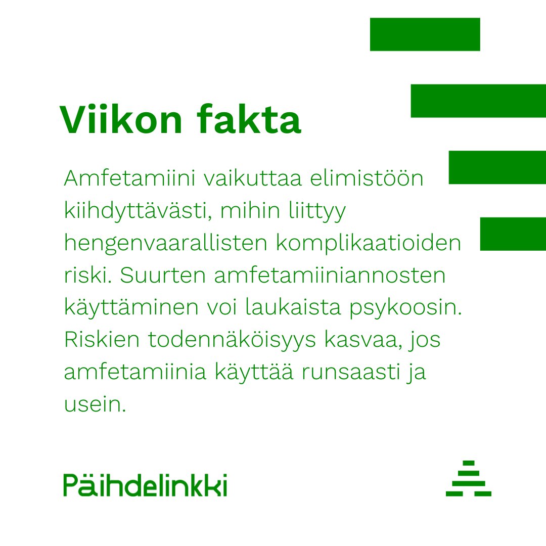 Amfetamiini on käytetyin stimulantti Suomessa. #Amfetamiini vaikuttaa elimistöön kiihdyttävästi, mihin liittyy hengenvaarallisten komplikaatioiden riski. Amfetamiiniin voi kehittyä voimakas psyykkinen #riippuvuus. Lue lisää: paihdelinkki.fi/fi/tietopankki…