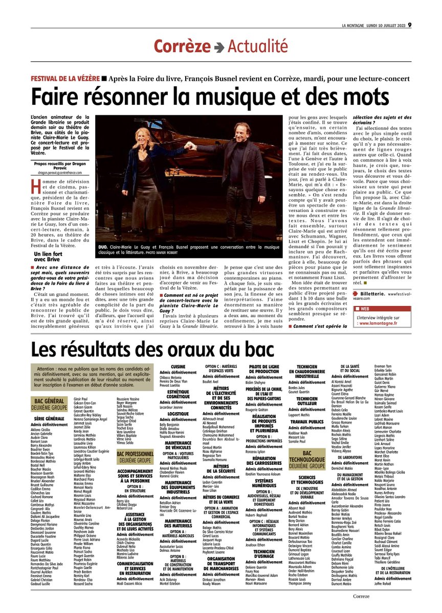 festivalVezere's tweet photo. Concert lecture avec François #Busnel & Claire-Marie Le Guay🎹demain soir, Théâtre de #Brive. Vous serez projeté(s) dans une bulle où les écrivains et les grands compositeurs semblent se répondre".
Interview @lamontagne_fr à lire ! @villedebrive @FoirelivreBrive @FlorencePetros https://t.co/qRrtUpmMwL