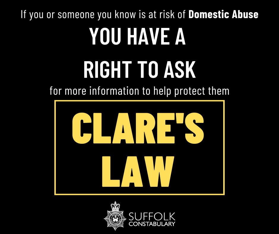Are you worried your partner may have an abusive past? Claire’s Law gives you a right to ask police if your partner has a record of abusive offences, or for other information that indicate risk. 
Watch our video > orlo.uk/sGy3T 
#EndAbuseTogether
#SuffolkLooksCloser