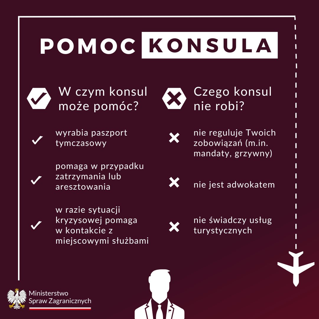 🪪 Zgubiłeś paszport lub potrzebujesz pomocy w związku z nieszczęśliwym wypadkiem?

🛂 Pamiętaj, że za granicą masz prawo do pomocy konsula w określonych przez przepisy przypadkach.

Lista 🇵🇱 placówek dyplomatyczno-konsularnych ➡️  gov.pl/web/dyplomacja…

#BezpieczneWakacje