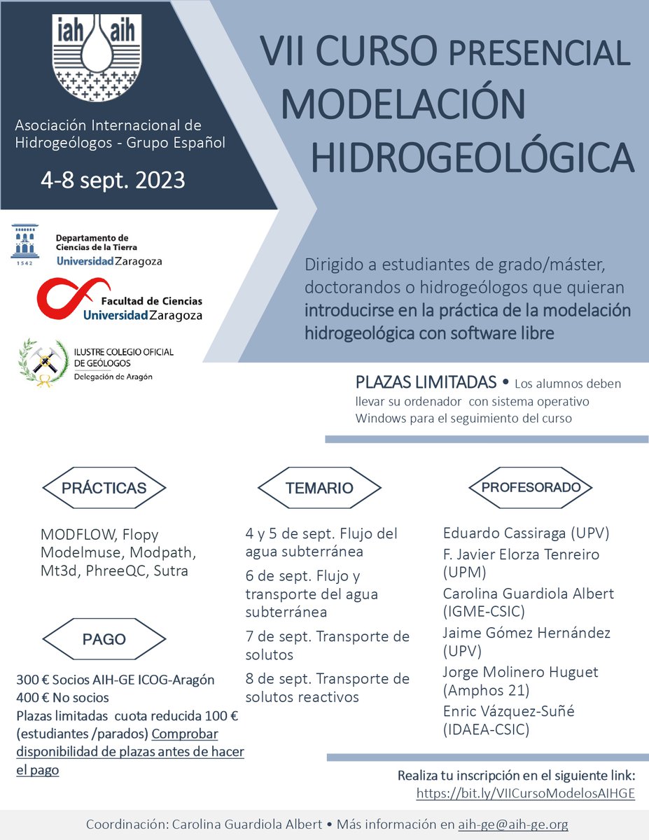 ge_aih's tweet image. Últimas plazas para el curso de modelos 

Del 4 al 8 de septiembre en Zaragoza

#modflow #modelmuse #flopy #Phreeqc

Inscripciones en: docs.google.com/forms/d/1epnue…

@unizar