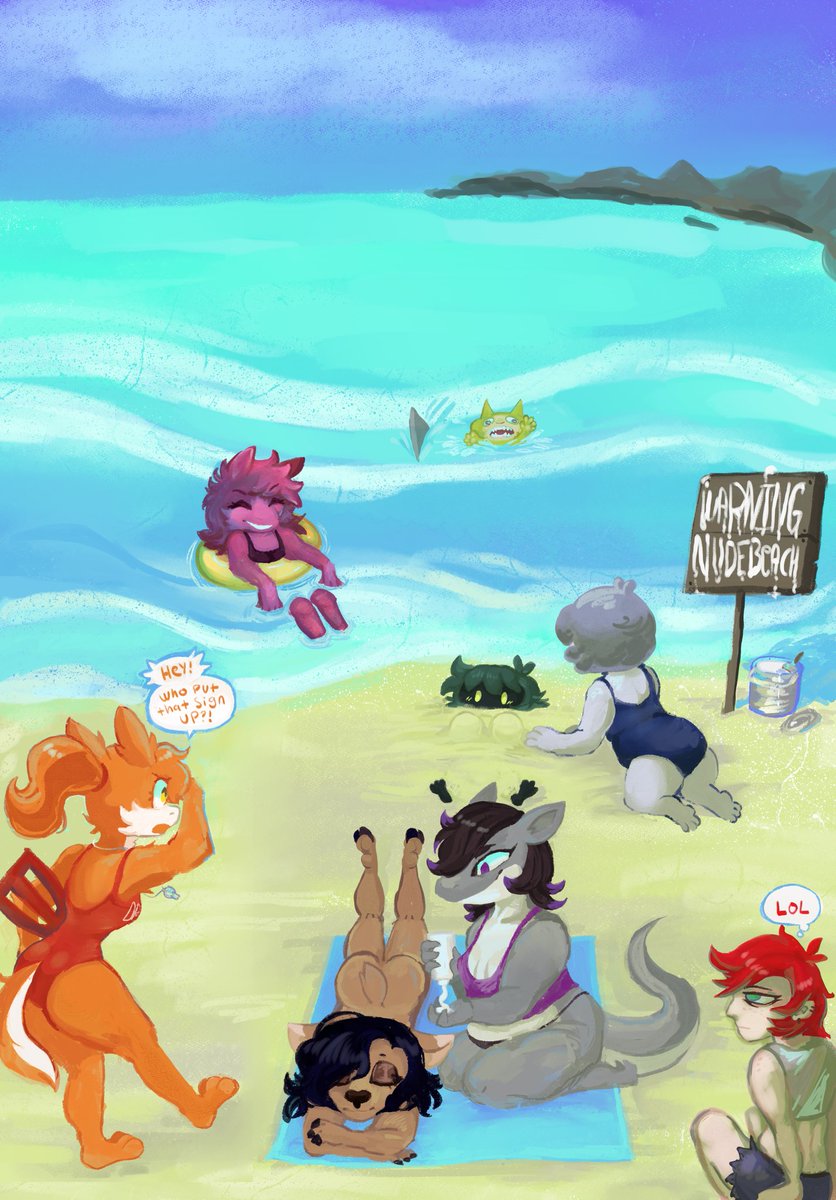 New ArtFight submission finished! It’s a bunch of my friends’ ocs at the beach!