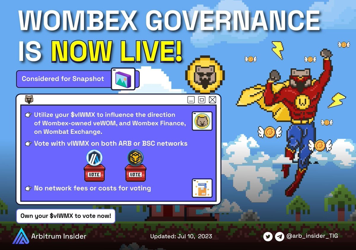 arb_insider_TIG's tweet photo. 📢@WombexFinance Governance is now live! 

Be part of shaping the future of Wombex Finance and have a say in important decisions. 

#WIP1, the first-ever proposal on Wombex Governance, offers Synclub pools.

🔍Cast your vote and participate in the governance process here:
https://t.co/JmhAqdDZX9