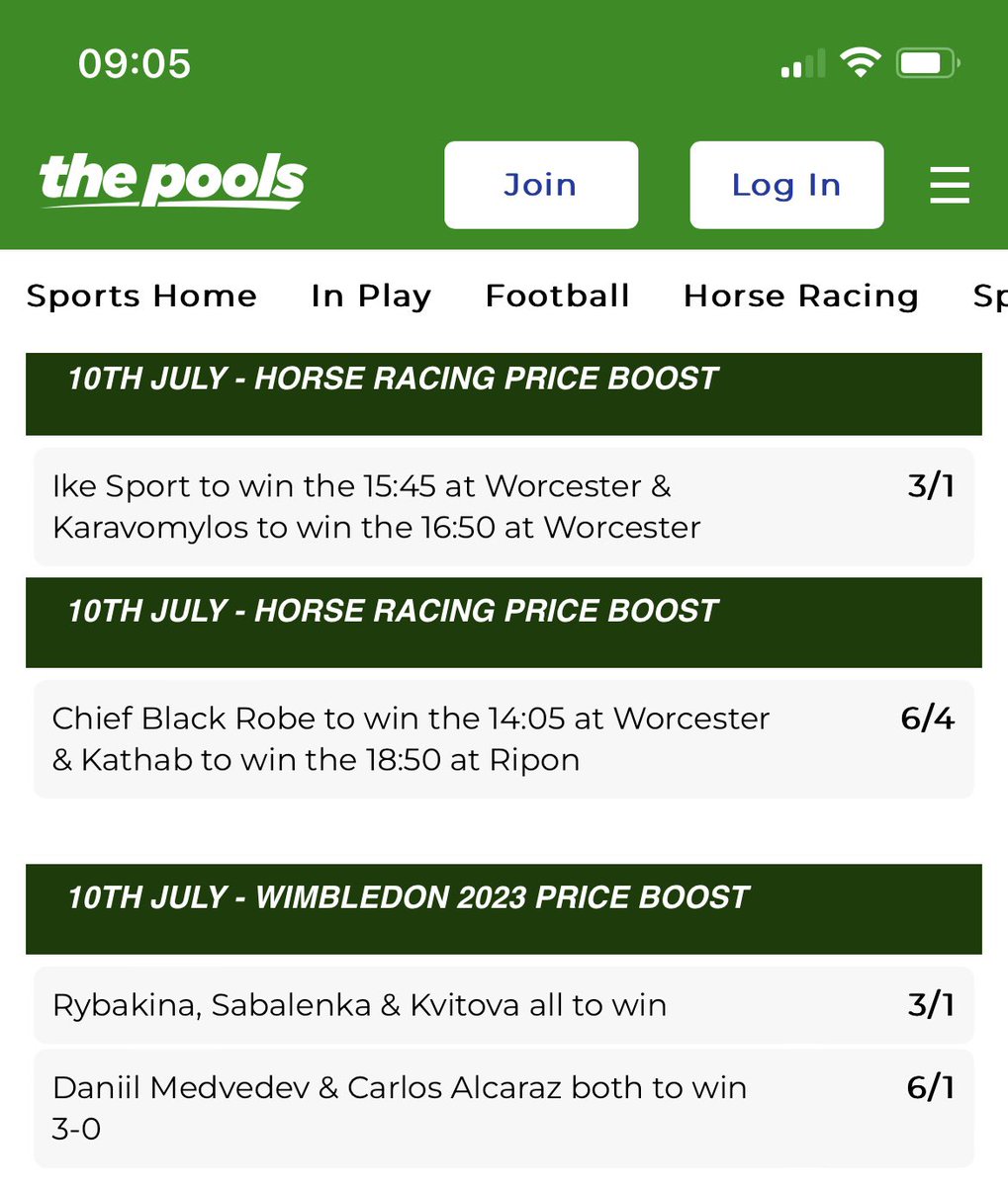 MONDAY PRICE BOOSTS 🎾🐎: Wimbledon and Racing dominate the sporting calendar today! Check out our specials below👇 play.thepools.com/sportsbook/SPE… #AD 18+. BeGambleAware. T’s & C’s apply. #pools #Wimbledon  #HorseRacing
