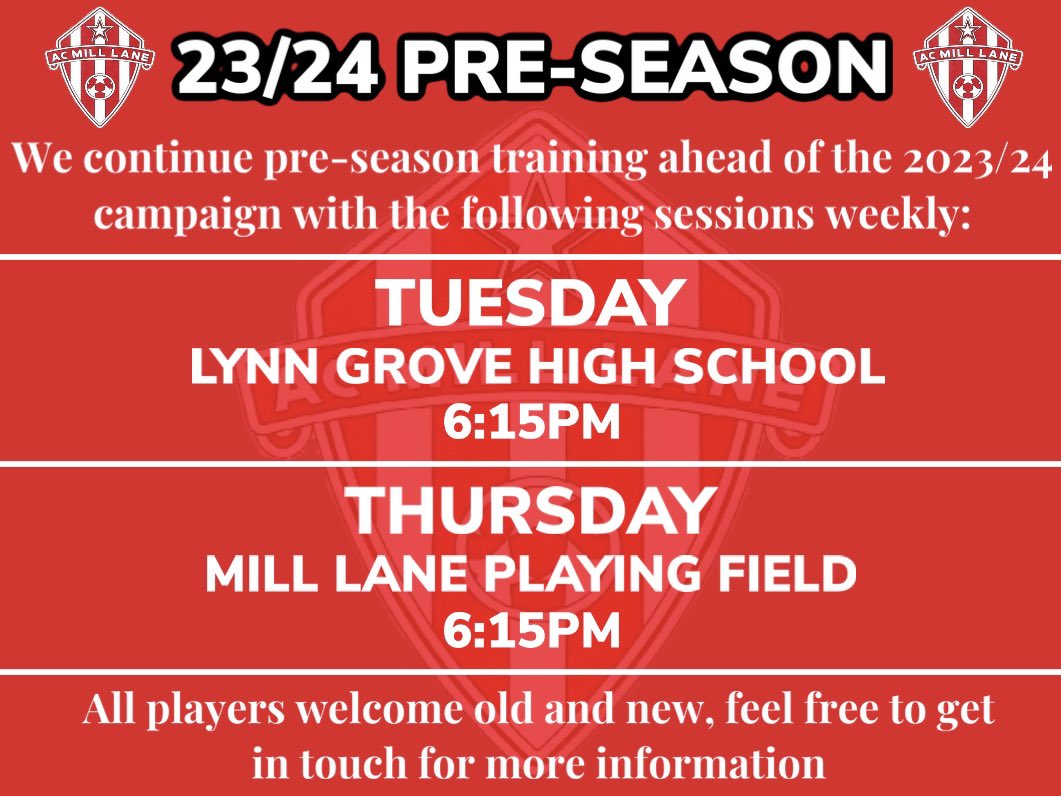 AC_Mill_Lane's tweet photo. After a great first week we’ve now locked in the following training sessions every week for the duration of pre-season!

All players welcome, message for any more info

🔴⚫️ https://t.co/E2nV2GsS4f