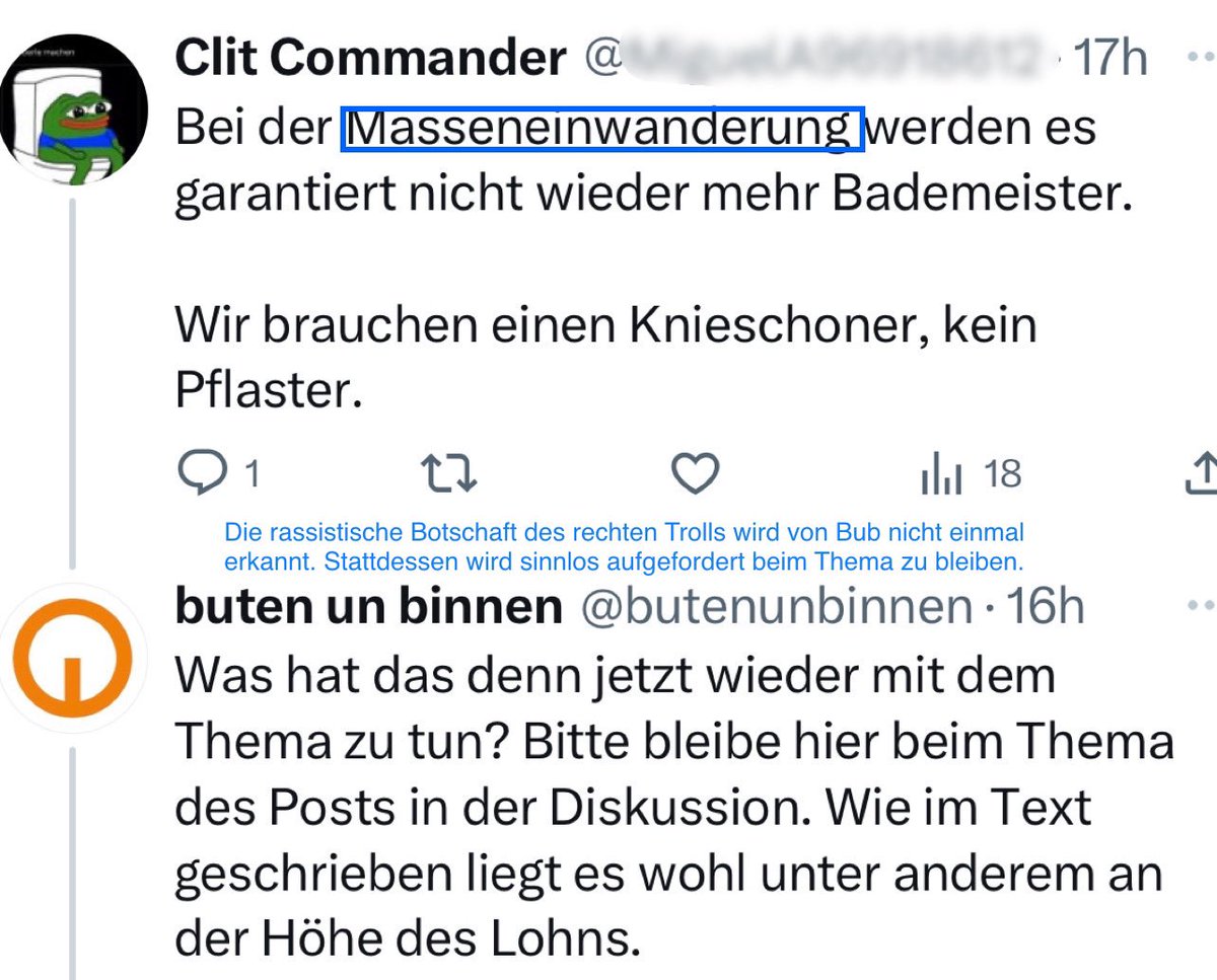 AfD Watch Bremen (@afdwatchbremen) on Twitter photo Wie es scheint, gibt es bei <a href="/butenunbinnen/">Buten un Binnen</a> und <a href="/weserkurier/">weserkurier</a> keine hausinternen Schulungen zum Umgang mit rechten #FckAfD Troll-Angriffen, rassistischen, antisemitischen oder misogynen Kommentaren. Wieso wird mit denen interagiert, statt deren Strategien und Ziele zu durchbrechen? Wie es scheint, gibt es bei <a href="/butenunbinnen/">Buten un Binnen</a> und <a href="/weserkurier/">weserkurier</a> keine hausinternen Schulungen zum Umgang mit rechten #FckAfD Troll-Angriffen, rassistischen, antisemitischen oder misogynen Kommentaren. Wieso wird mit denen interagiert, statt deren Strategien und Ziele zu durchbrechen?