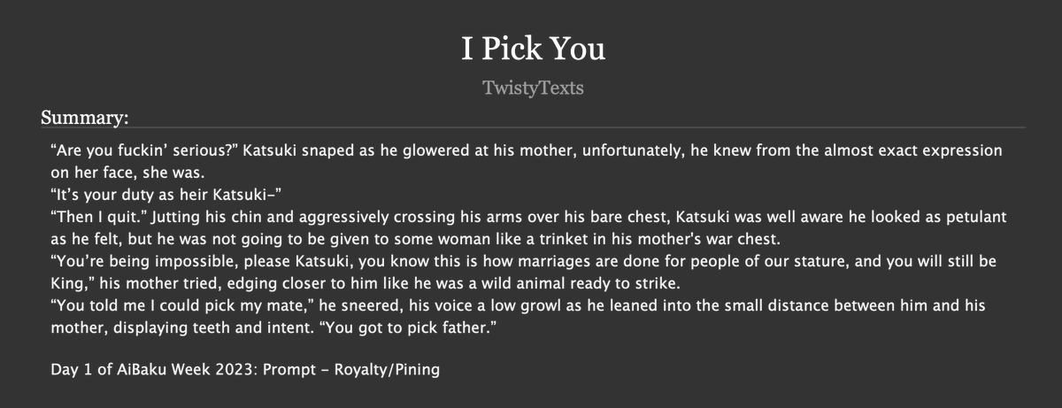 TwistyAfterDark's tweet photo. Here it is! #AiBakuWeek Day 1 is now officially up! I PICK YOU is from the @aibakuweek prompts Royalty/Pining and I had so much fun writing this one! I hope you all enjoy this Barbarian King x Advisor story, please mind the tags! https://t.co/Q6ixdp1bKY https://t.co/f085mjs0VU