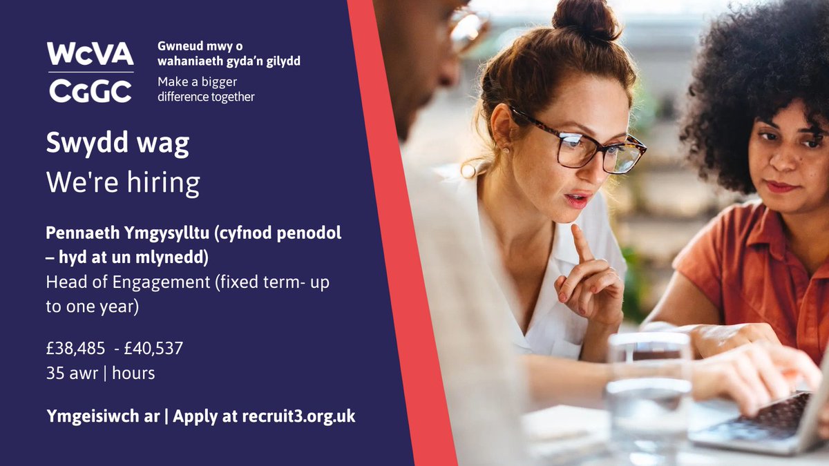 Don’t miss out on our ‘Head of Engagement’ job vacancy!

This is an exciting opportunity for an individual with policy and public affairs experience to join WCVA’s team on a fixed term contract for up to one year.

For more information: wcva.cymru/vacancy-join-w…