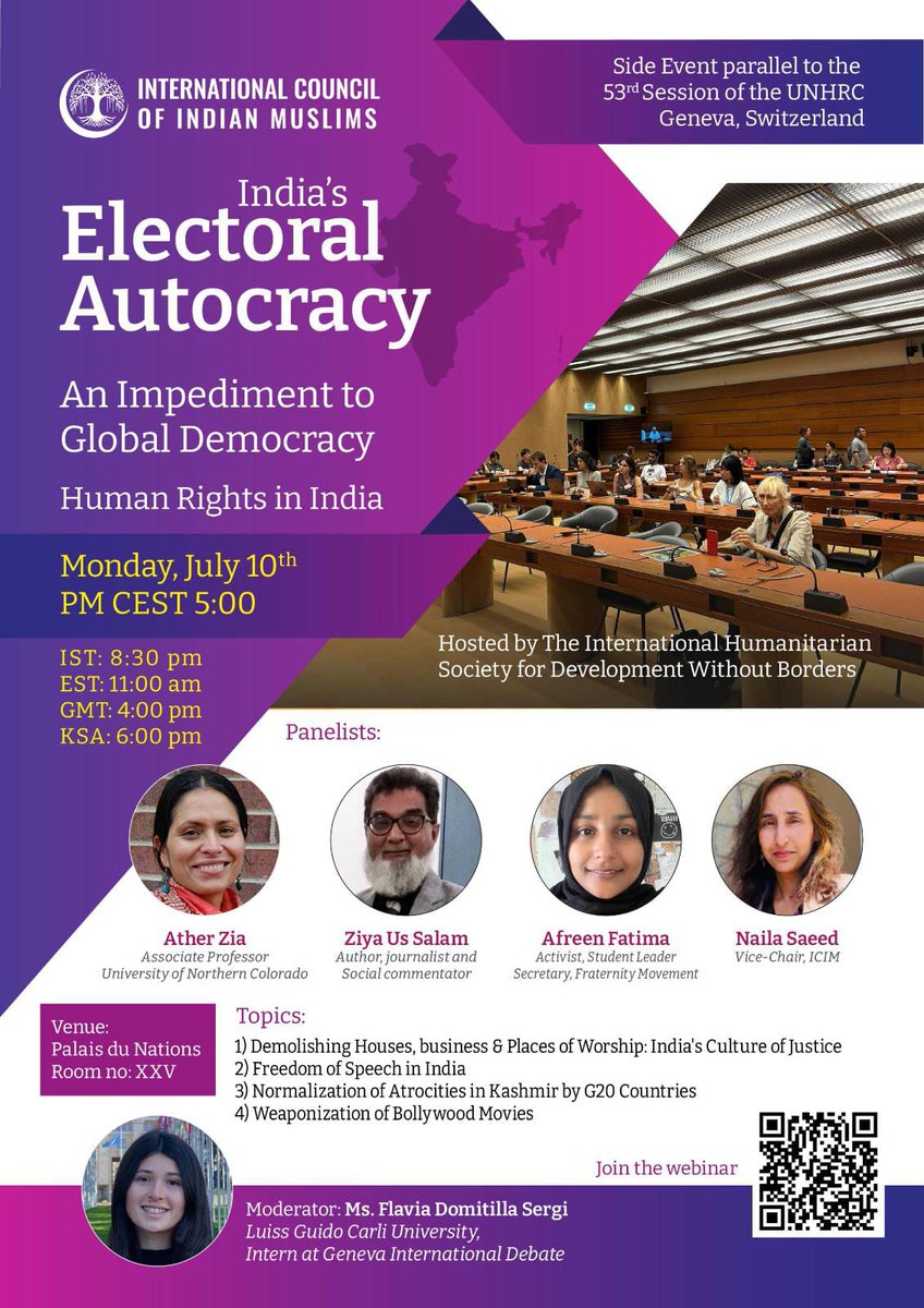 ICIM is happy to announce a panel discussion at United Nations, Geneva today with @AfreenFatima136 , @aziakashmir Zia us Salam and Naila Saeed We speak on Human rights situation in India For public (webinar access)- tiny.cc/IcimUn @rasheedahmedusa , @12Ummah