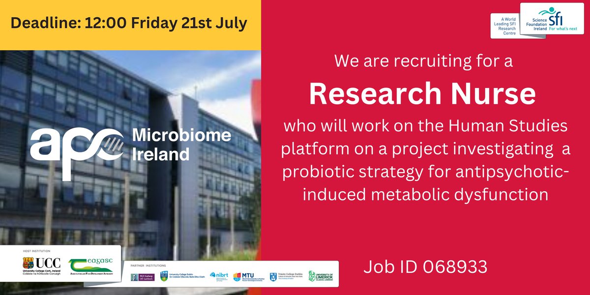 APC <a href="/Pharmabiotic/">APC Microbiome Ireland</a> is recruiting a Clinical Research Nurse to support the team in the microbiome-brain-gut axis spoke with <a href="/harschellekens/">Dr. Harriet Schellekens</a> <a href="/KarOConnor/">Karen O Connor</a> <a href="/UCCpsychiatry/">UCCpsychiatry</a> <a href="/jfcryan/">John F. Cryan</a> Please apply here ore.ucc.ie using job ID 068933. Closing date July 21st. #research
