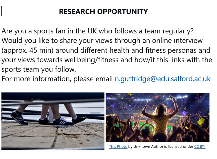 NicolaGuttridge's tweet photo. ⚽🏉Calling sports fans!🏉⚽
How does being a fan link with health and fitness? If you want to join this study, please email: N.guttridge@edu.salford.ac.uk
Please share across your networks 😊
#football #RugbyLeague #rugbyunion #research #supporter #fandom #fanfit #fitbears https://t.co/6KRR2vKUoO