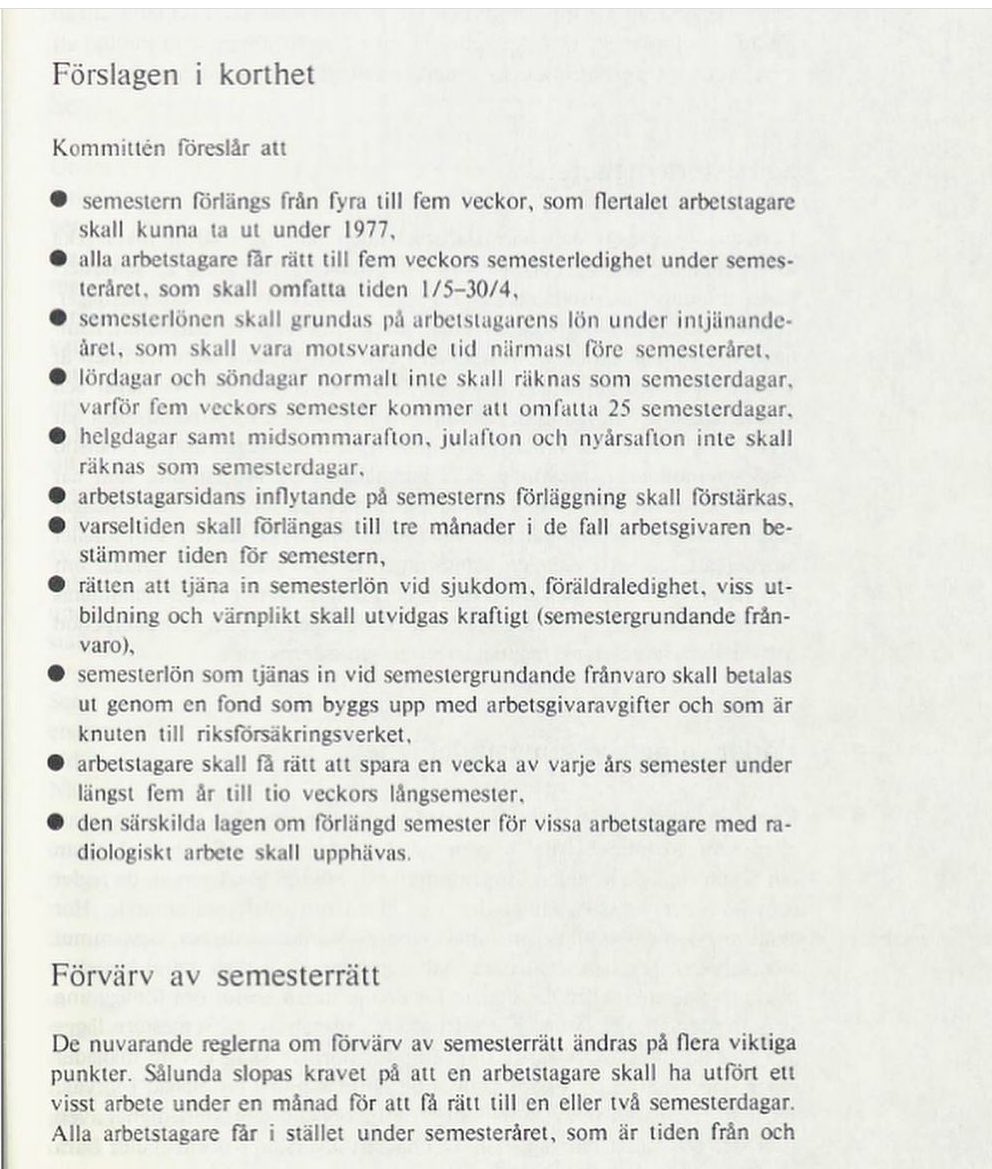 SOU_min_SOU's tweet photo. På 1950-talet utökades semestern till tre veckor, 60-talet till fyra och 70-talet till nuvarande fem.

SOU 1975:88. Fem veckors semester. Betänkande av 1974 års semesterkommitté (https://t.co/A9zqqMvRBn ) https://t.co/wM3vP8cruy
