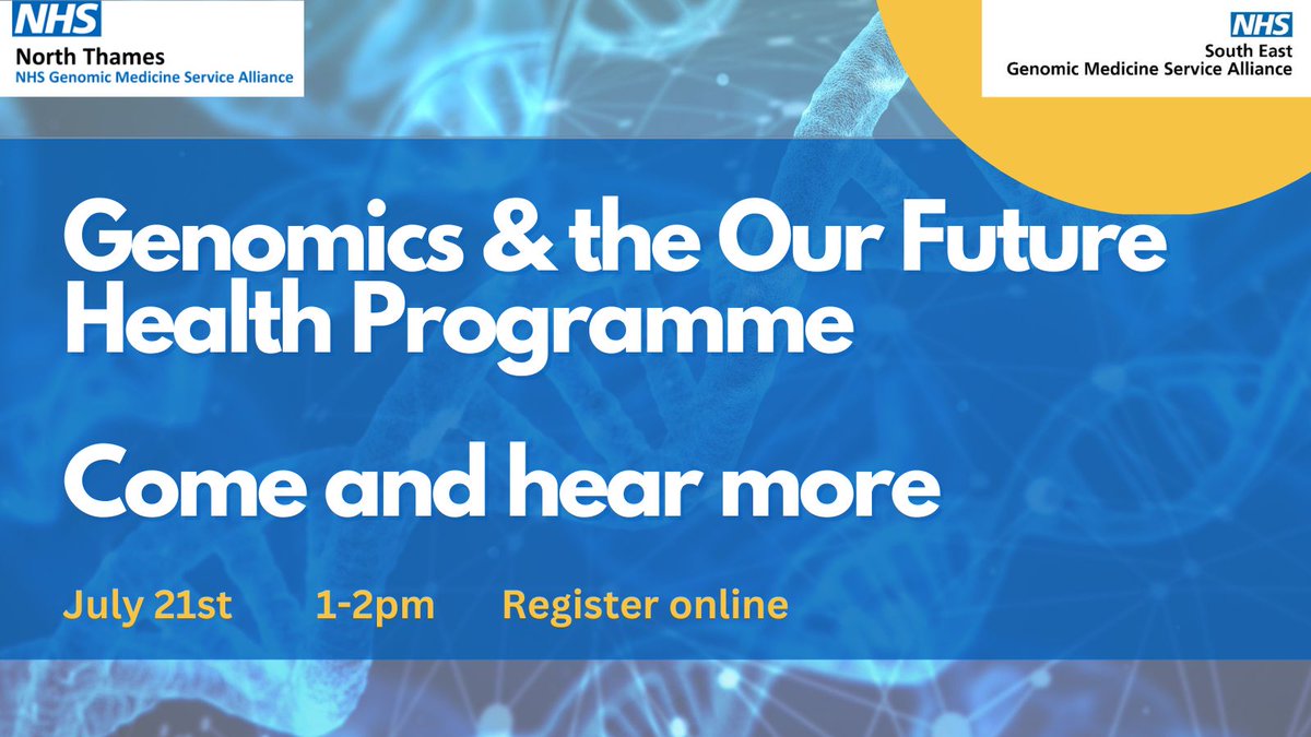 NHS South East Genomic Medicine Service (@segenomics) on Twitter photo Have you heard about the <a href="/ukfuturehealth/">Our Future Health</a> programme?
The UK's largest health research programme in partnership with #NHS75
Join us July 21 to learn more & how #genomics is helping the researchers
Sign up 👇
bit.ly/46H12HB Have you heard about the <a href="/ukfuturehealth/">Our Future Health</a> programme?
The UK's largest health research programme in partnership with #NHS75
Join us July 21 to learn more & how #genomics is helping the researchers
Sign up 👇
bit.ly/46H12HB