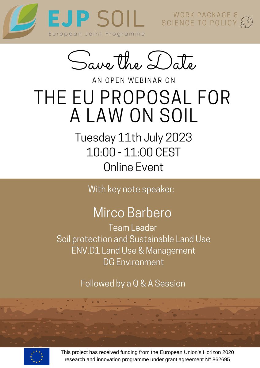 EJPSOIL's tweet photo. EU proposal for Law on Soil : https://t.co/wcVAFWajC2
REGISTER NOW https://t.co/7mN21VRxc2 - For the #ejpsoilwebinar 11/7 by Mirco Barbero, DG Environment + Q&amp;A.
#eusoilmission #soilscience @HorizonEU @EU_ScienceHub @eugreenresearch @DGEnvironment @REA @DGAgriculture @EUGreenDeal https://t.co/23EXMZPd9H