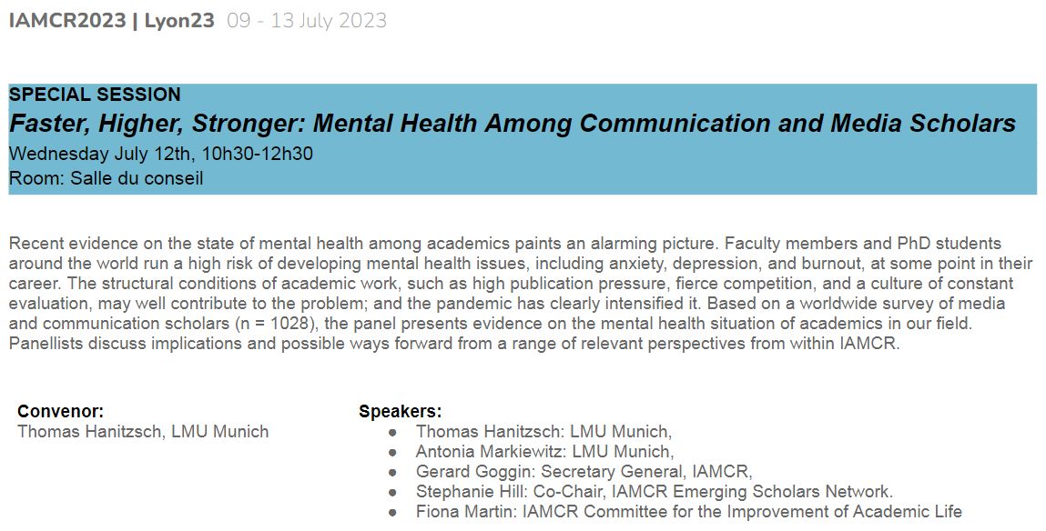 Faster, Higher, Stronger: Mental Health Among Communication and Media Scholars #IAMCR2023 special panel on #academic #mentalhealth discussing findings/implications from a survey of 1028 researchers. With @AntoniaMarkiew1 @ggoggin @essayhill @media_republik @IAMCRtweets #IAMCR23