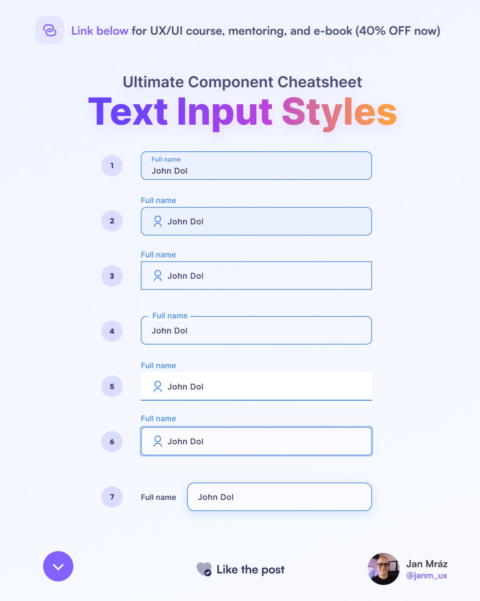janm_uiux's tweet image. Ultimate component cheatsheet to text input styles 🔥
Retweets are highly appreciated! 💜