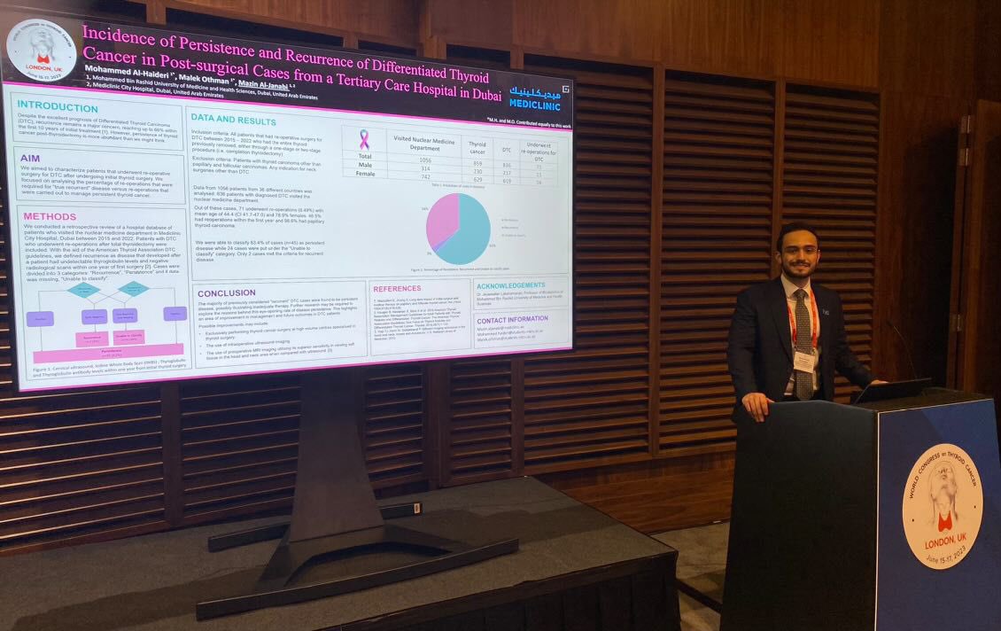 Congratulations to our #alumni , Mohammed Al-Haideri and Malek Othman, who presented their research on "Incidence of Persistence and Recurrence of Differentiated Thyroid Cancer in Post-surgical Cases" at the World Congress on Thyroid Cancer 2023 in London, UK! 🌍🎓
#MBRU
