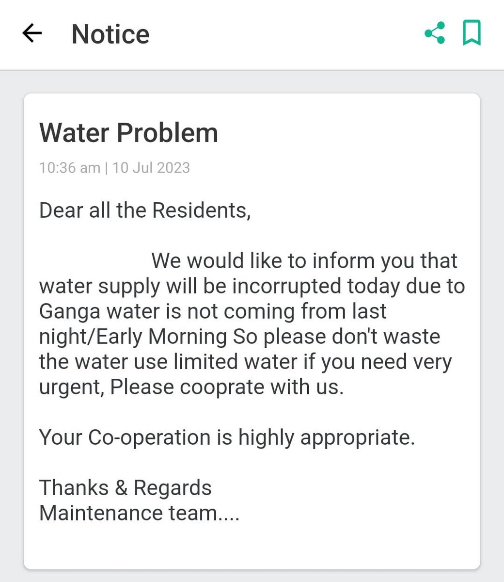 MyFusionHomes's tweet photo. Water issues in the society on day to day basis. Builder is not providing water supply knowingly and claims that ganga water is not coming even when we don’t have Ganga Water connection yet. 
Also water wastage is a regular affair in society 
@OfficialGNIDA @CP_Noida https://t.co/1649nqw5mM