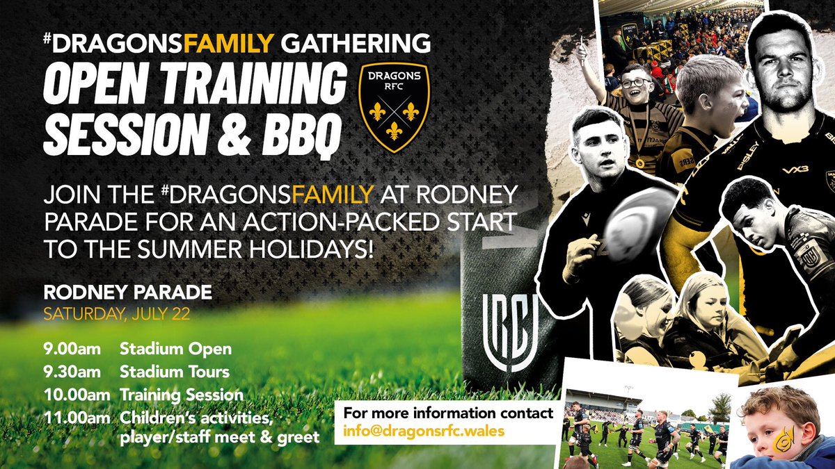 🐉 𝙁𝘼𝙉 𝙀𝙑𝙀𝙉𝙏 | 2️⃣4️⃣ Hours to go until our 🆓 #DragonsFamily gathering 🙌 🏟️ Stadium tours 🏉 Open Training 🤝 Meet the Dragons 🍔 BBQ & Children’s activities Launch the summer holidays in the right way by joining us tomorrow morning at Rodney Parade ⤵️ #WeAreGwentRugby