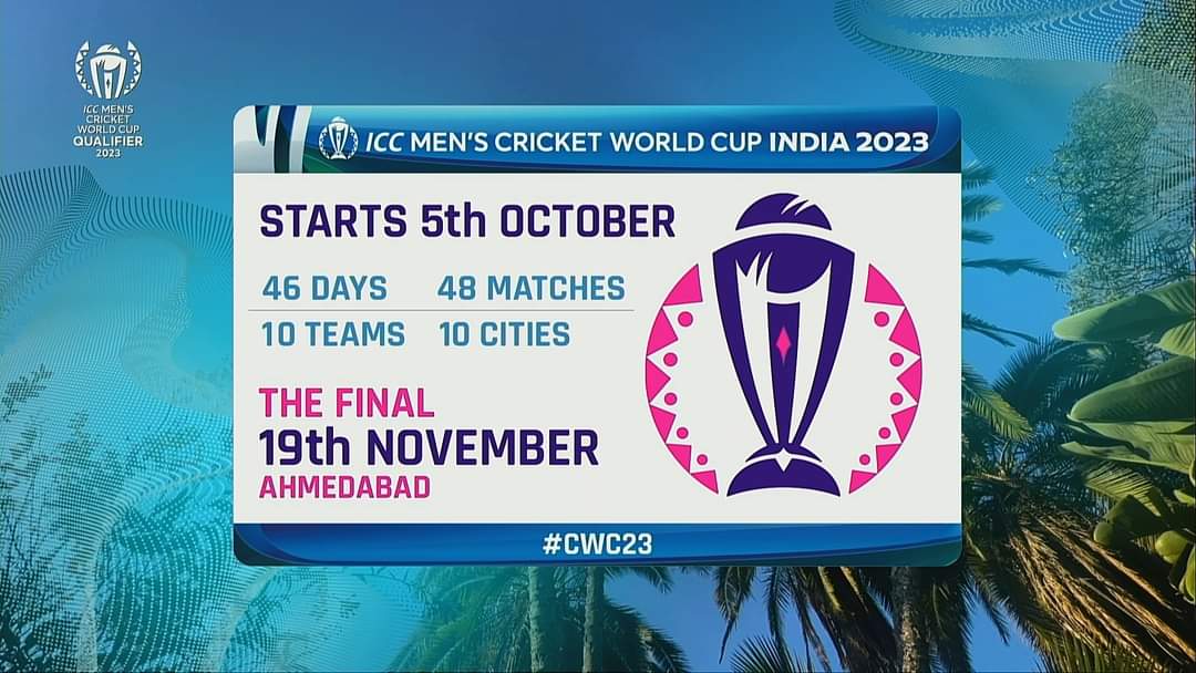 iamAhmadhaseeb's tweet photo. - 46 Days
- 48 Matches
- 10 Teams
- 10 Venues
- 1 Dream
- ODI World Cup 2023
- Battle for One Trophy
- Starts on 5th October
- Final on 19th November
- India vs Pakistan on 15th October

#CWC23Qualifiers #WorldCup2023 https://t.co/NvQaLUT2Qt