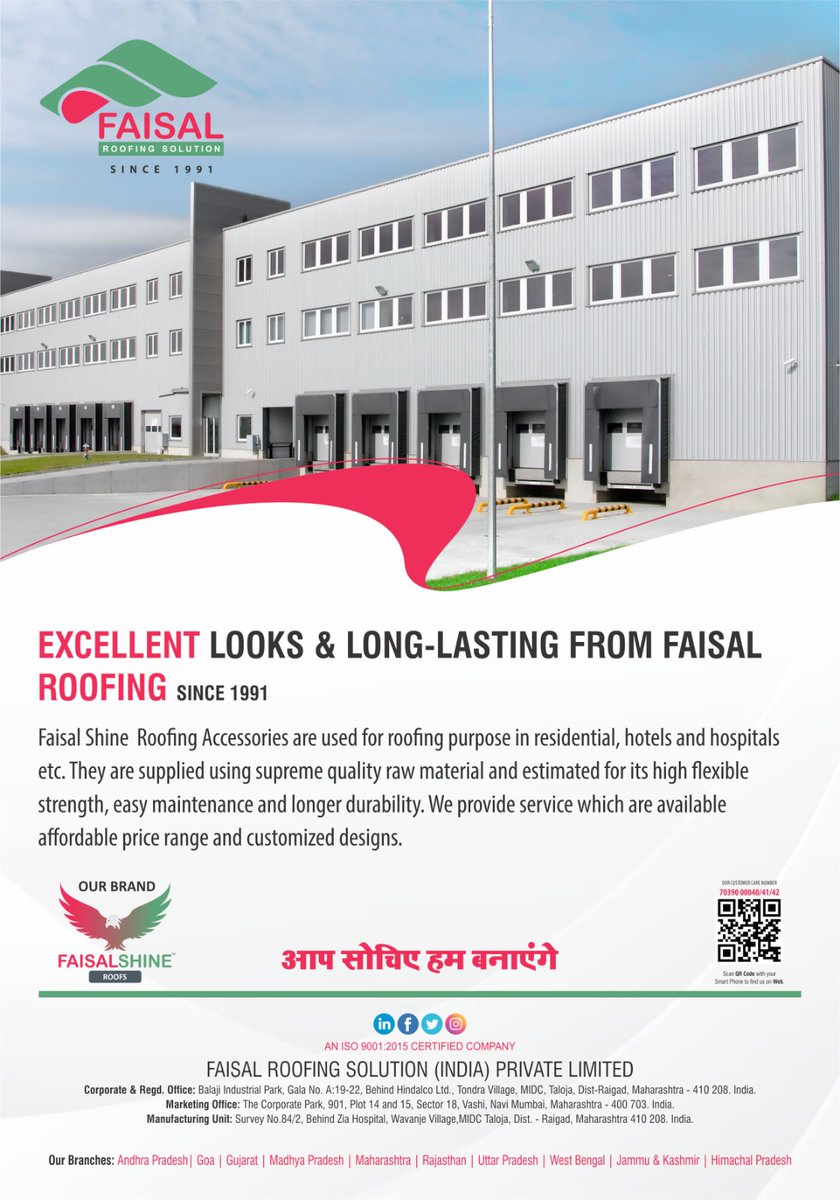 RoofingFaisal's tweet photo. EXCELLENT LOOKS & LONG-LASTING FROM FAISAL
ROOFING SINCE 1991
For more details visit our
Website: https://t.co/wk3db3ZFUJ
OR Contact
Customer Care
7039000040/41/42
#faisal #faisalshine #faisallite #faisalroofing #faisalfactory #flooringsheet
#navimumbai #vashi #roofingsolutions https://t.co/7Sab4Ht9Ps