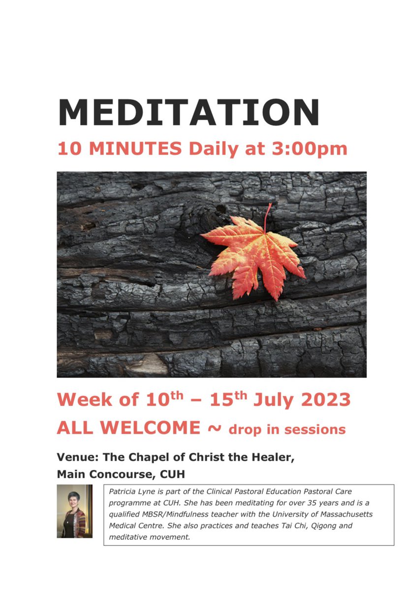 Daniel Nuzum (@danielnuzum) on Twitter photo All <a href="/CUH_Cork/">Cork University Hospitals</a> staff are welcome to join us for a 10 mins pop up mindfulness session at 3pm each weekday this week. Chapel of Christ the Heater, Main Concourse. Led by Patricia Lyne from our Clinical Pastoral Education programme.
#wellbeing #meditation All <a href="/CUH_Cork/">Cork University Hospitals</a> staff are welcome to join us for a 10 mins pop up mindfulness session at 3pm each weekday this week. Chapel of Christ the Heater, Main Concourse. Led by Patricia Lyne from our Clinical Pastoral Education programme.
#wellbeing #meditation