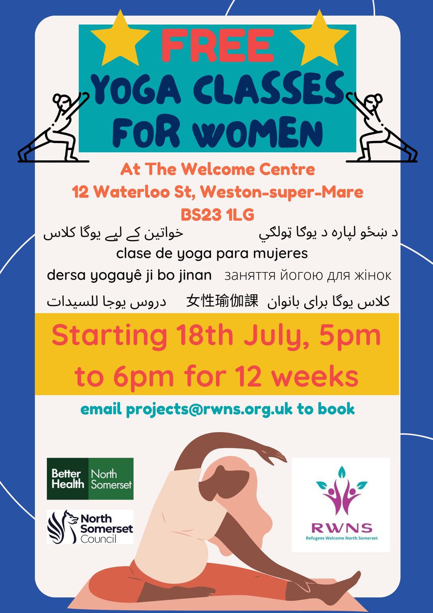 RefsWelcomeNS's tweet photo. Free yoga classes for women at the Welcome Centre (12 Waterloo Street, Weston Super Mare, BS23 1LG)

Starting 18th July, 5pm-6pm for 12 weeks.

Email projects@rwns.org.uk to book! https://t.co/IaOUC9oQpa