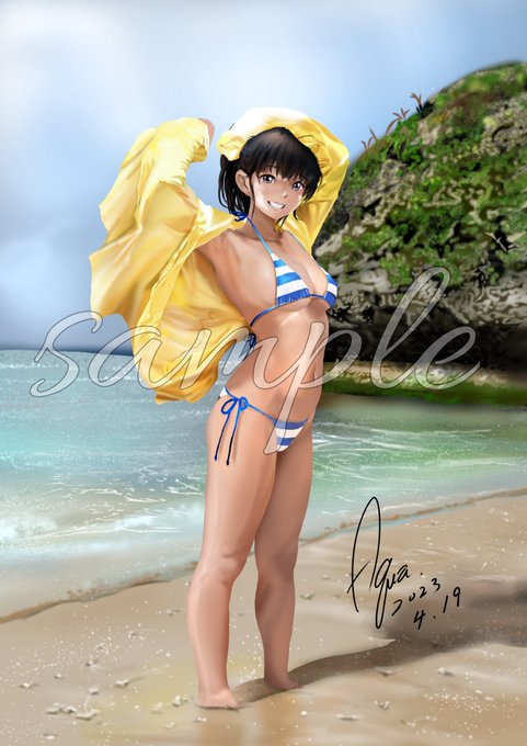 こんばんは～(*⌒▽⌒*)
夕立のように雨が降り湿気はありながらも空気がひんやりして涼しいです
#暑いので水着絵で体温調節する 
#暑いので涼しげな画像を貼る 
※足首の下が無いように見えますが、砂に埋もれて見えないだけです、決して手抜きではございません(笑) 