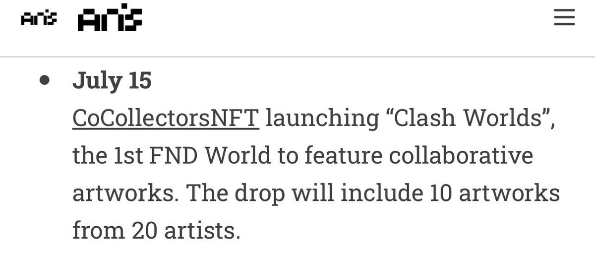 Thank you so much <a href="/anloremi/">an</a> 🙏🏻 for the shoutout in todays Art Market Report!

🌐 Clash Worlds
🎨 Curated by <a href="/CoCollectorsNFT/">CoCollectors</a> 
🖼️ Hosted on <a href="/foundation/">Foundation 🌐</a>
📅 Saturday, July 15th