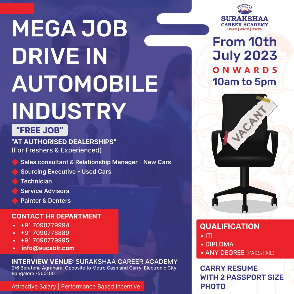 Mega Job Drive In Automobile Industry.

#surakshaacareeracademy #hiring #job #sales #resume #bangalore #india #cv #experience #recruiting #July #FreeJobPosting