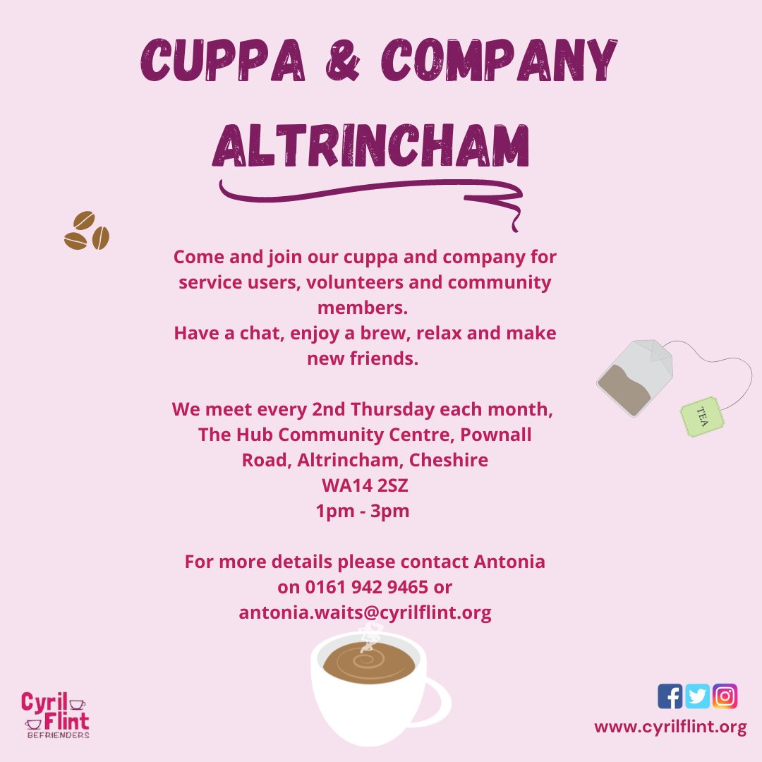 We will now be running a second session of Cuppa &amp; Company, every 2nd Thursday of each month at The Hub in Altrincham!

Join us for our first session this Thursday 13th July, 1pm - 3pm.

Please contact Antonia on 0161 942 9465 to book on.

We hope to see you there!😁☕