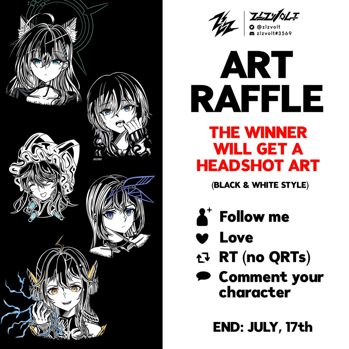 ZeinLaZine's tweet photo. 1K Followers ART RAFFLE !

The winner will get a headshot art

- Follow me
- Love &amp; RT (no QRTs)
- Comment your character

END: July 17th

#ArtRaffle https://t.co/9Oj2Qa76Dw