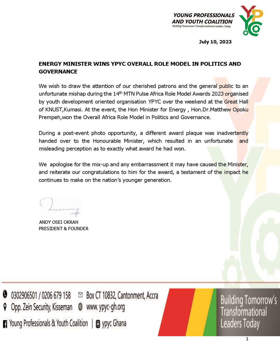 ypycghana's tweet photo. YPYC - Ghana wishes to draw the attention of our cherished patrons and the general public to an
unfortunate mishap during the 14th MTN Pulse Africa Role Model Awards 2023.
Full statement: https://t.co/rWdAyCw5Wa
Thank You.
#ARMA23 https://t.co/ppfNzMv1gc