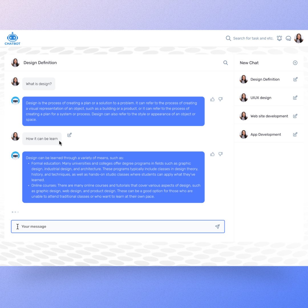 TechcronusS's tweet image. AI Chatbot Mobile App Development Design

uplabs.com/posts/chatbot-…

#chatbotapp #aichatbot #mobileappdesign #ai #mobilechatapp #appui #appdesigner #aichatbot #uidesigner #uiux #uidesign #uxdesign #chatgptmobile #openai #aifordesigner #ai #AIchatbots #ChatGPT #GoogleBARD