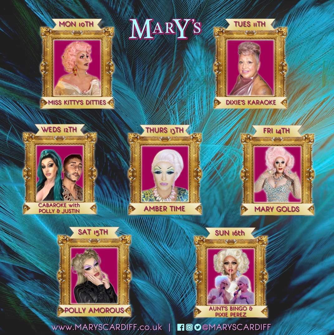 MarysCardiff's tweet photo. Another fabulous week with our Mary’s Family 💜💜💜

This week

💜 Miss Kitty
💜 @djkrys 
💜 Dixie 
💜 @thepollyamorous
💜 @ItsJustinDrag
💜 @AmberDextrous1
💜 @djflyboy79 
💜 @marygoldsdrag
💜 @djjayharley 
💜 @RJK1701
💜 Betty &amp; Aida
💜 @pixieperez 

We can’t wait 💃 https://t.co/BOeHLdIer3