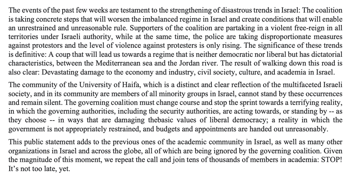 חם מהמכבש ולקראת היום הרה-הגורל שבפנינו: גילוי הדעת של חברי/ות קהילת אוניברסיטת חיפה בקריאה לקואליציה לעצור את מרוצתה אל עבר התהום.
תוך מספר שעות חתמו מעל ל-300 חברות וחברים בקהילה, ובראשם רקטור האוניברסיטה, פרופ׳ גור אלרואי.  גאווה!
הלוואי שנישמע. אך אם לא נישמע, נמשיך במאבק!
